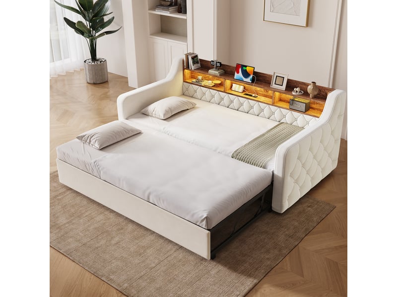  Canapé-lit 90x190 cm, lit enfant, couchage d'appoint, sommier à lattes, couchage gigogne extensible, led, usb et usb-c  - Conforama A