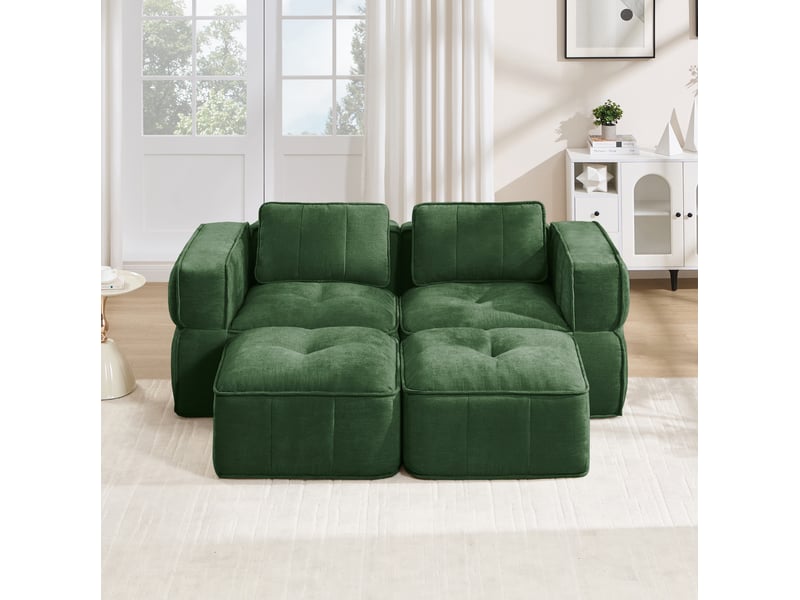  Canapé modulable 2 places avec 2 poufs, en polyester vert  - Conforama B