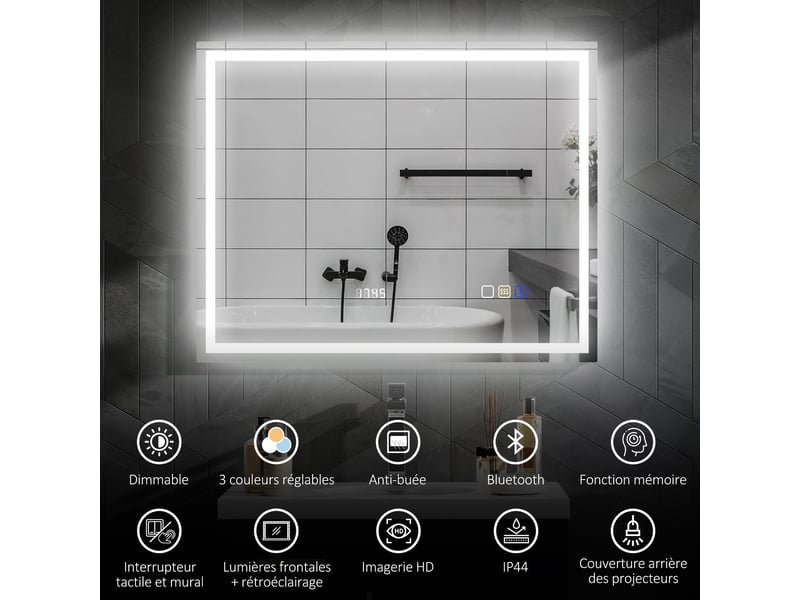  Miroir salle de bain led bluetooth 80 x 100 cm interrupteur tactile lumière réglable 3 couleurs anti-buée mémoire argent  - Conforama D