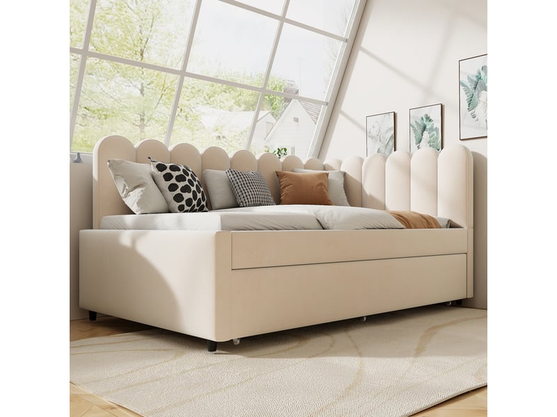  Lit d'appoint en l 140x200 cm, dossier fleuri, tissu velours beige, convertible et compact pour chambre d'amis  - Conforama D