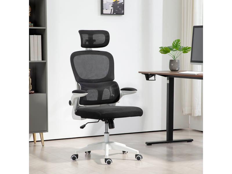 Chaise de bureau ergonomique noire avec appuie-tête réglable, dossier maille et accoudoirs relevables - Conforama D