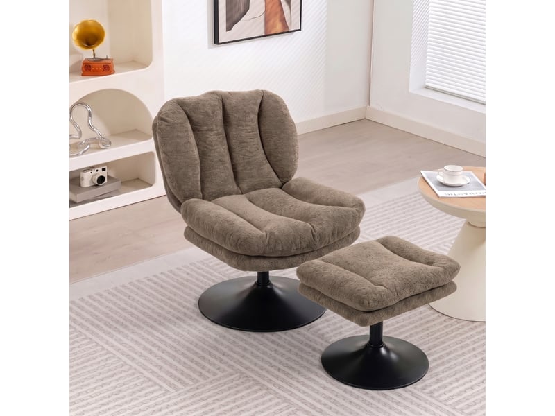  Fauteuil avec pouf pivotant à 360°, repose-pieds réglable en hauteur, dossier enveloppant, velours polyester marron  - Conforama B