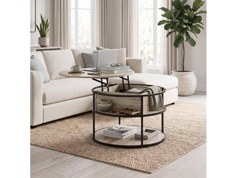  Table basse ronde ø80 x 47-61,5 cm en panneau de particules mélaminé avec plateau relevable et rangement chêne chicfurn  - Conforama B