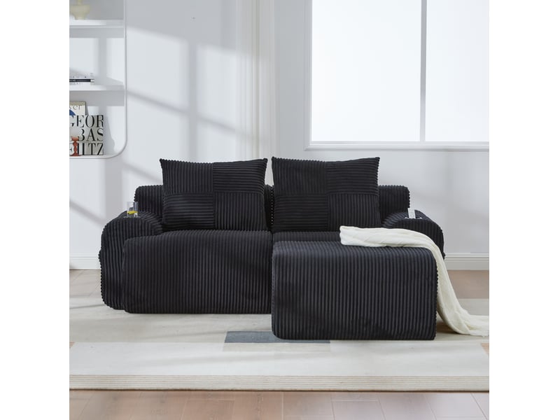  Canapé modulable 2 places 200x174x80 cm poche latérale porte-gobelet incorporé velours côtelé noir  - Conforama D