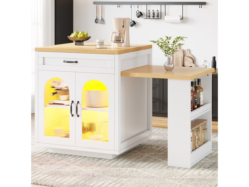  Îlot de cuisine extensible 126-196 cm avec éclairage led rgb, rangement, 2 tiroirs, étagères réglables, portes vitrées rainurées, mdf - blanc  - Conforama C