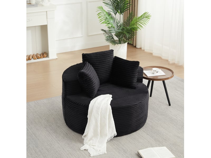  Fauteuil pouf rond 1 place avec trois coussins, larges accoudoirs et dessous antidérapant en velours côtelé noir  - Conforama E