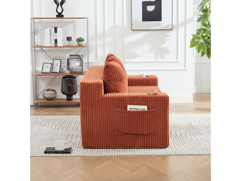  Canape droit 3 places, sans structure rigide en velours côtelé, porte-gobelets et poches, 172 × 87 × 64 cm, orange  - Conforama D