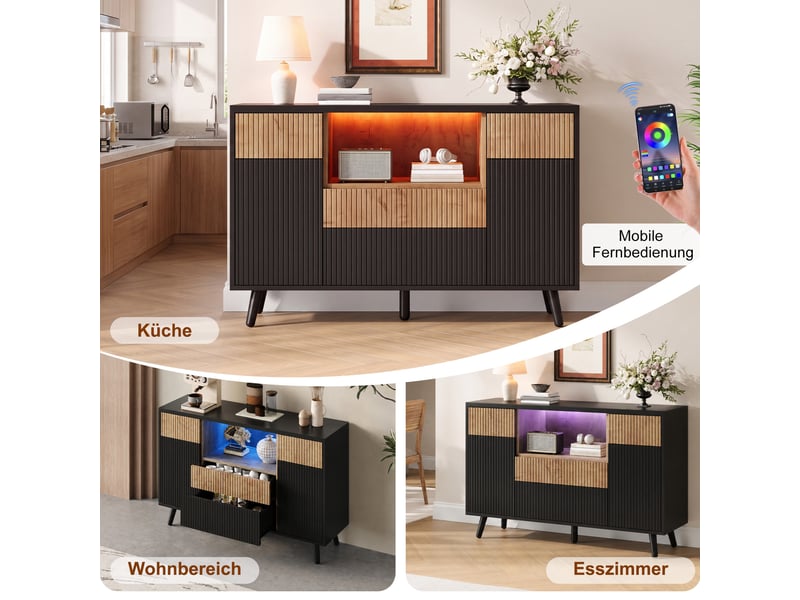 Buffet bas 130x38x85 cm avec 4 tiroirs, led rgb, rangements de porte, étagères réglables, façades rainurées, mdf effet bois naturel et noir - Conforama E