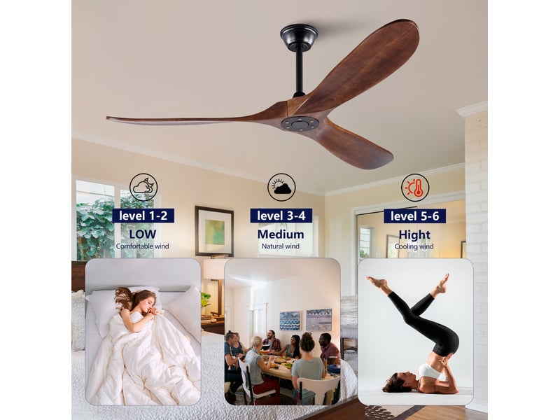  Ventilateur de plafond 152 cm – noir et noyer foncé – 6 vitesses, réversible, sans éclairage, télécommande incluse  - Conforama E