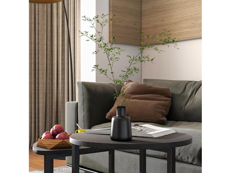  Lot de 2 tables basses gigognes rondes 45x48 et 42x40 cm, style industriel, structure métal, effet bois noir  - Conforama R