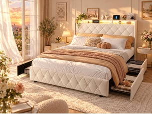 Lit 2 places 140x200 cm - avec éclairage led - tête de lit avec étagère - similicuir pu beige - sommier à lattes inclus