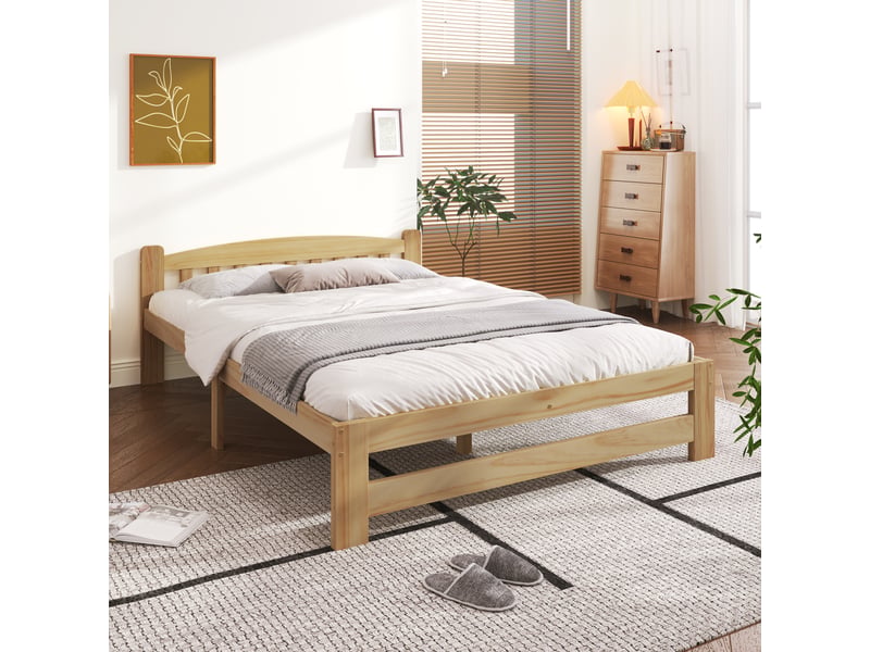  Lit double en bois massif 140x200 cm, naturel, avec tête de lit, lattes et pied central, cadre solide pour adulte  - Conforama D