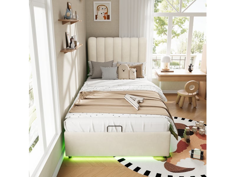  Lit coffre enfant 90x200 cm, design moderne, vérin hydraulique, avec 3 tiroirs et led, couleur beige, sans matelas  - Conforama D