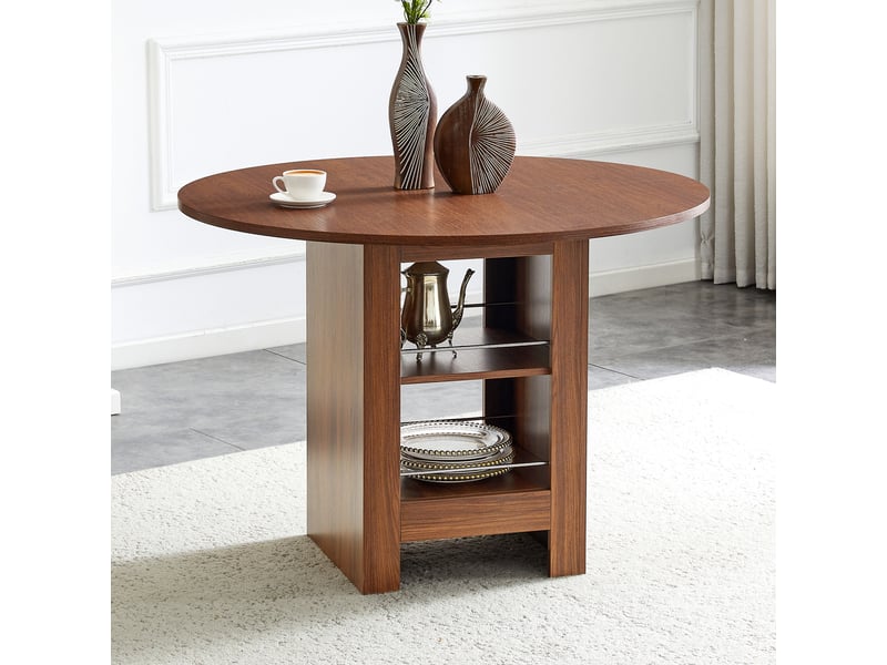 Table basse - table de salle à manger ronde moderne avec compartiments de rangement ouverts, noyer, 100 x 100 x 76 cm - Conforama C