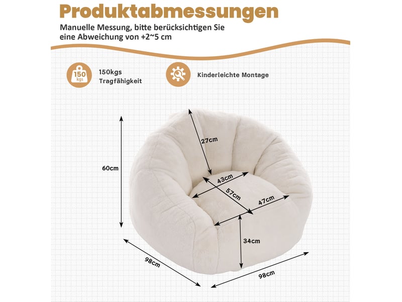 Pouf fauteuil adulte et enfant blanc crème en polyester 98 x 98 x 60 cm - Conforama C