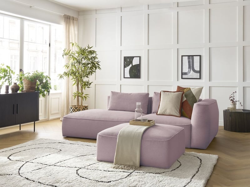  Bobochic canapé droit fixe 3 places leopold velours côtelé avec pouf violet  accoudoir droit LEOPOLD - Conforama B