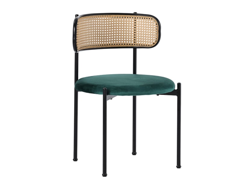  Lot de 4 chaises de salle à manger en velours vert avec 4 pieds en métal, dossier en rotin, sans accoudoirs  - Conforama E