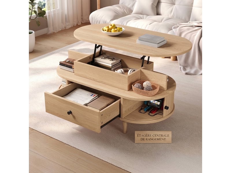 Table basse relevable ovale avec rangement portes coulissantes naturel - Conforama C