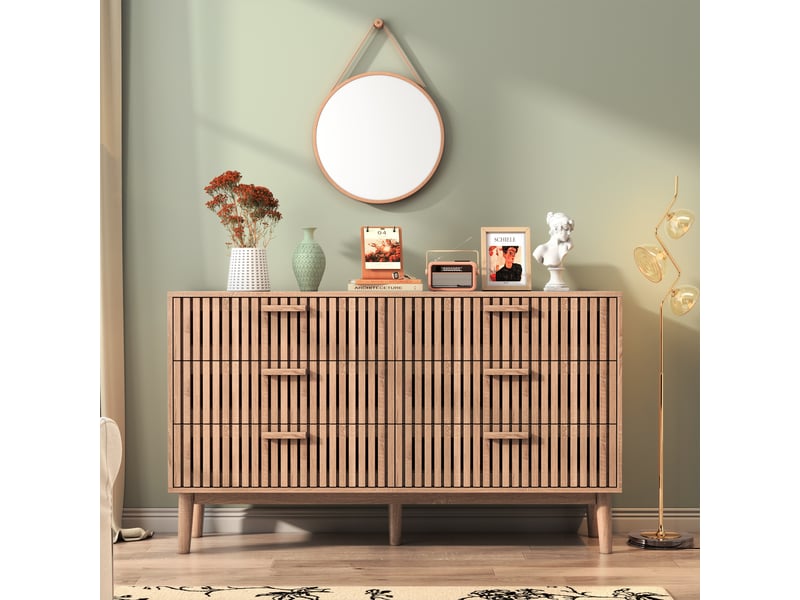  Commode 6 tiroirs 100x34x73cm, cadre mdf pieds pin massif, couleur naturelle, meuble rangement pour chambre salon couloir  - Conforama B