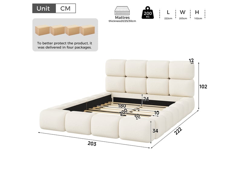  Lit rembourré, structure anti-glissement, structure stable, tête de lit confortable, design nuage modulaire, bouclé, blanc Morn Vibe - Conforama C