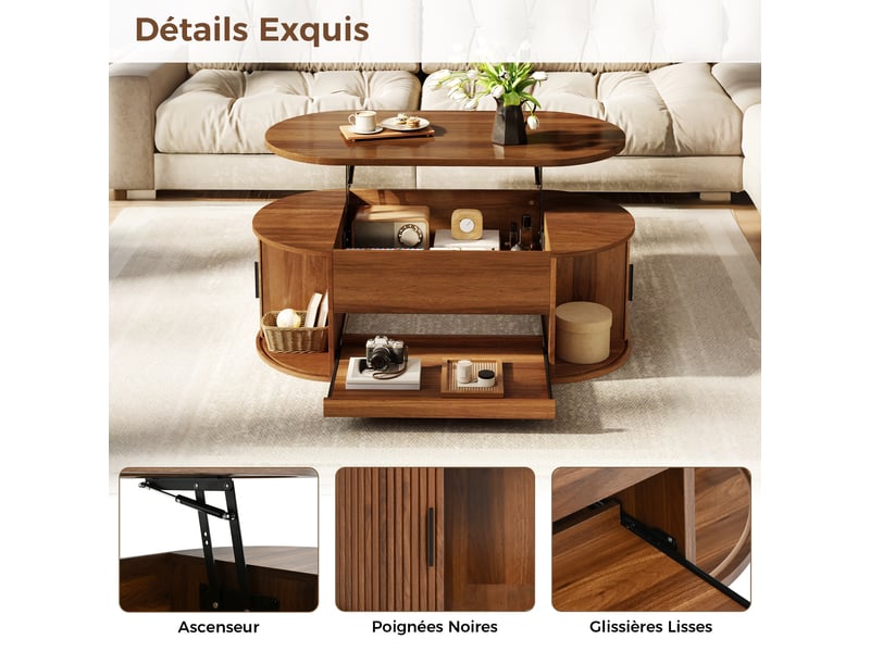 Table basse avec fonction de levage, table de salon avec espace de rangement dissimulé, console moderne avec structure rainurée, portes latérales coulissantes et espace de rangement pratique, table basse multifonctionnelle - Conforama E