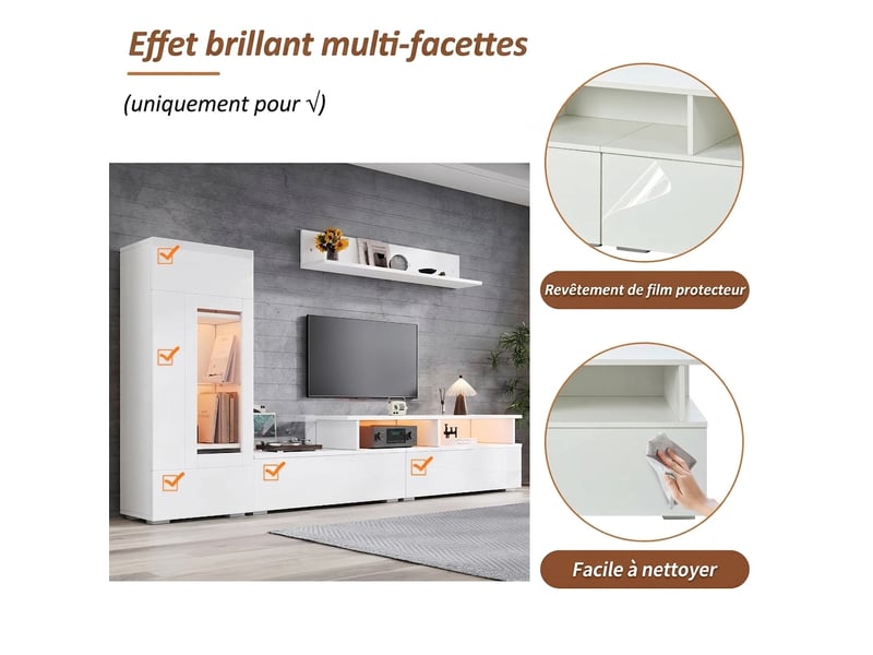  Ensemble meuble tv mural 3 pièces blanc brillant avec led, pour tv jusqu'à 75 pouces  - Conforama D