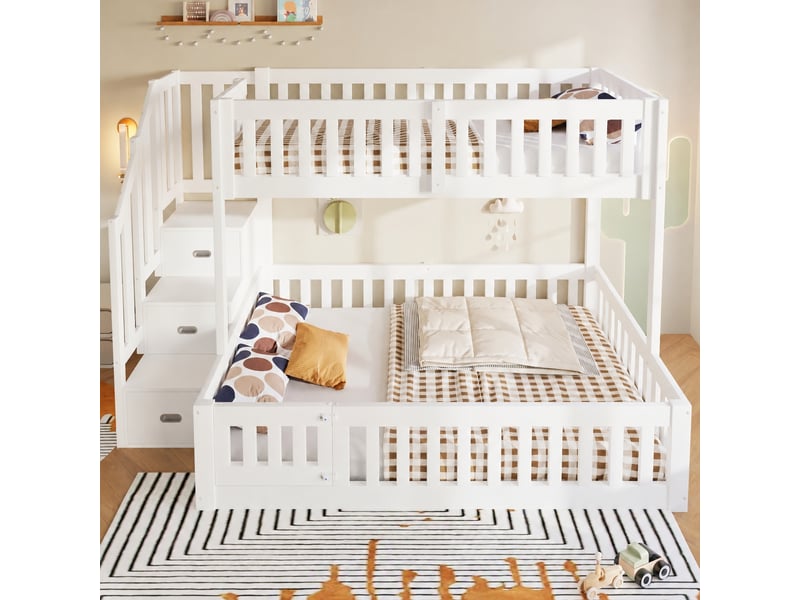  Lit superposé 90x200 et 140x200 cm, blanc, bas de 130 cm, avec échelle et rangement  - Conforama D