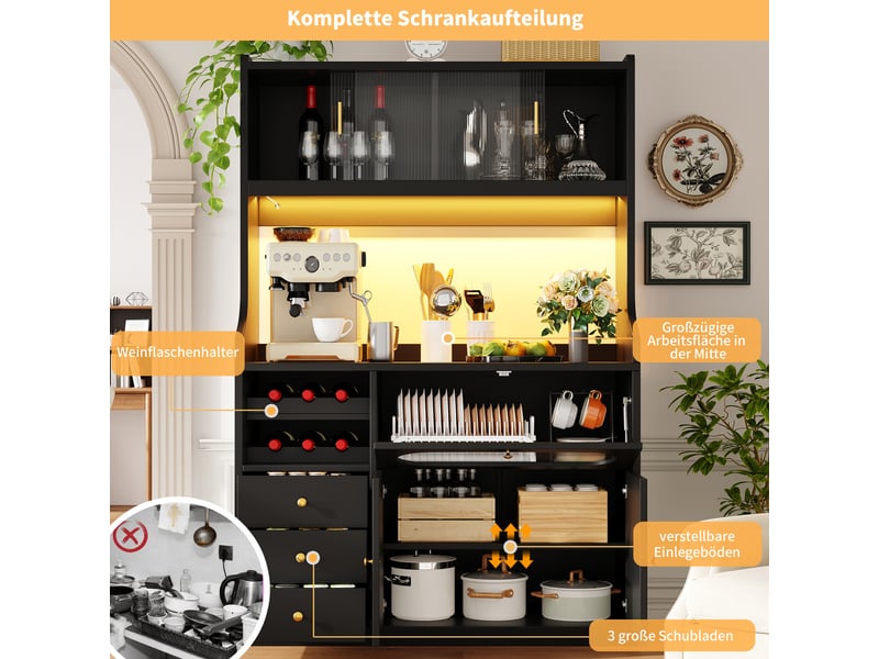 Buffet de cuisine 120x40x180 cm - 5 portes, 3 tiroirs, rangement à vin, plan de travail et éclairage led - noir - Conforama W