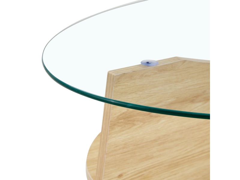  Table basse ovale avec tablette de rangement pour salon en verre de sécurité et mdf transparent bois clair  - Conforama D