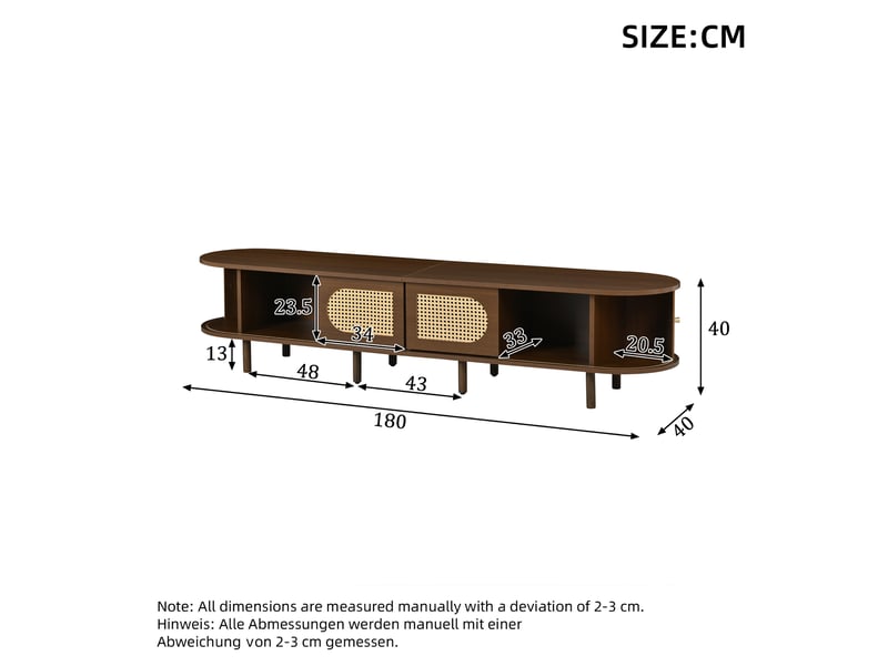  Meuble tv avec 2 portes et 2 portes à rideau pour salon 180×40×40 cm en mdf chêne foncé  - Conforama E