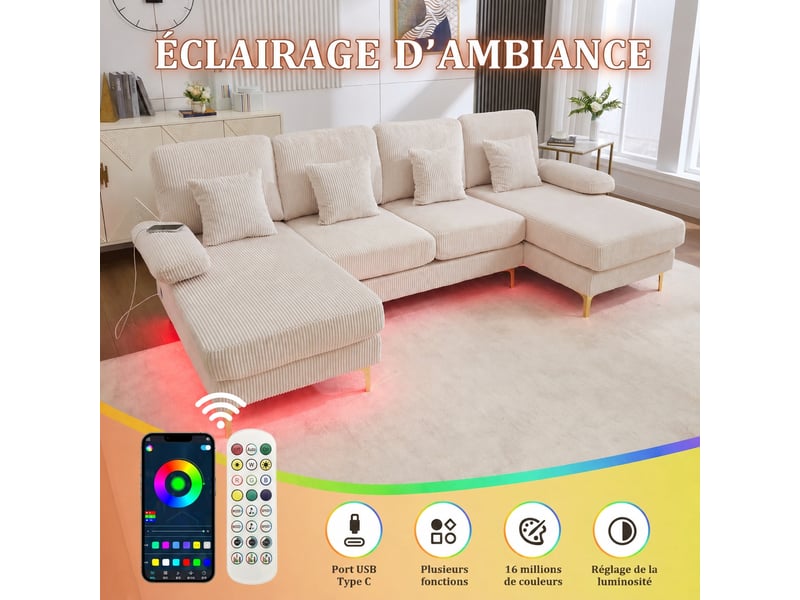  Canapé en u beige avec méridiennes, velours côtelé, éclairage led intégré et port usb-c, 4 places  - Conforama D