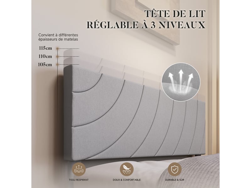  Cadre de lit 140x200 cm rembourré avec sommier à lattes, lit double, pieds antidérapants, tête de lit réglable, gris  - Conforama B