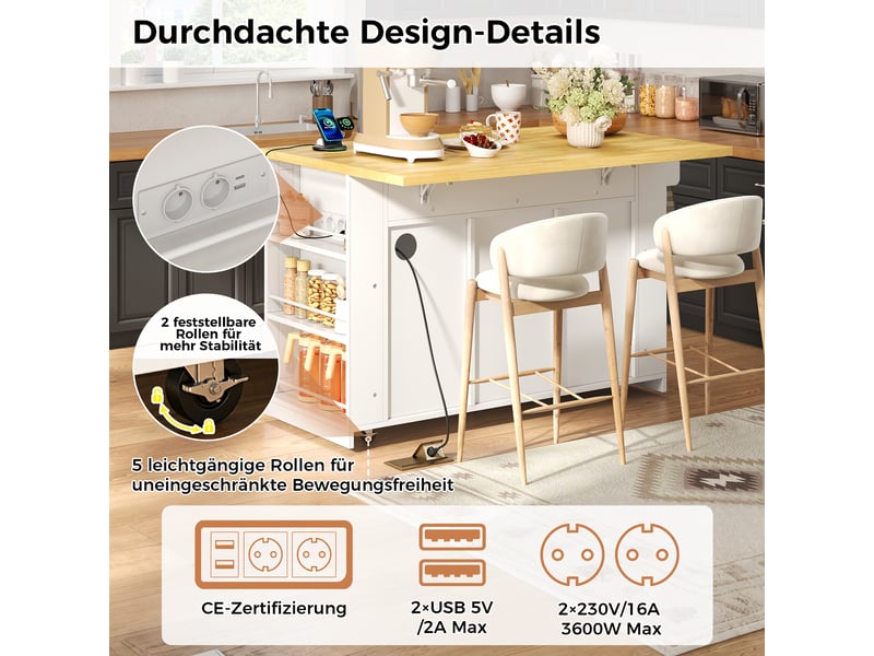 Desserte de cuisine mobile avec 3 tiroirs, plan rabattable, prises et roulettes en mdf 130×50(80)×87 cm - Conforama E