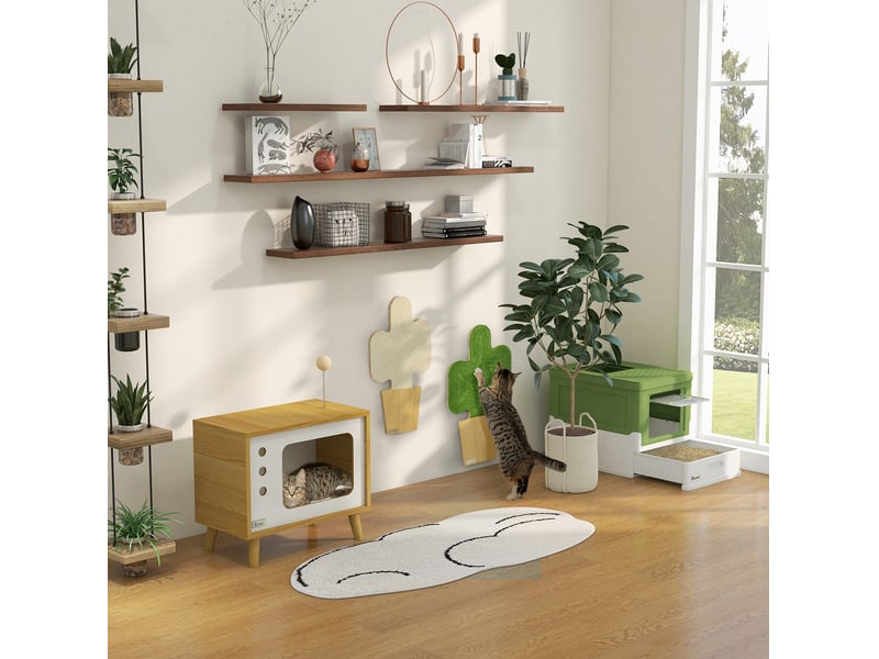  Meuble pour félins style téléviseur, beige, blanc et bois clair, coussin lavable et balle de jeu, 50 x 28 x 43 cm  - Conforama E