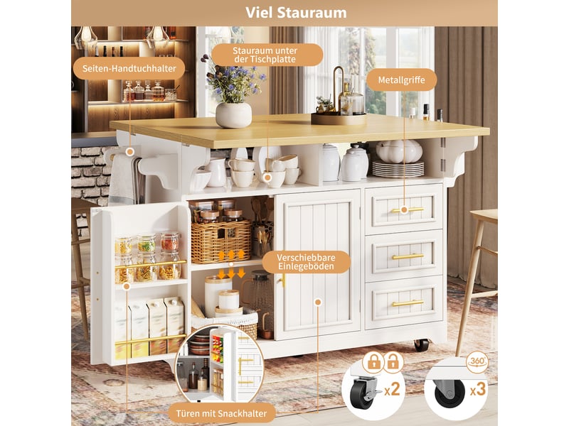  Îlot de cuisine mobile 120x40x95 cm avec plateau extensible, rangement, tiroirs, portes à motifs verticaux et table repas escamotable - blanc  - Conforama D