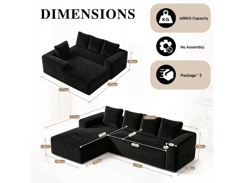  Canapé d'angle modulable 261 cm avec méridienne-assise profonde style cloud-en velours côtelé-noir  - Conforama C