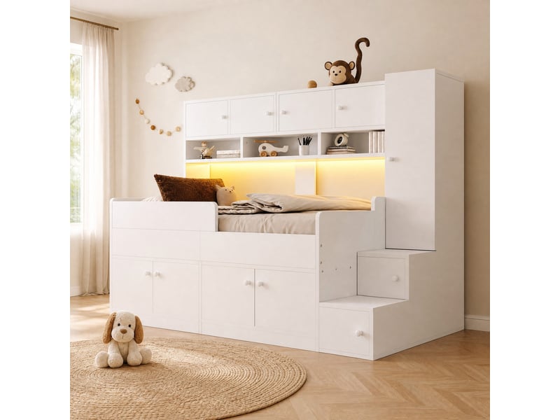  Lit enfant 90x200 cm avec rangements et éclairage led bois blanc sans matelas  - Conforama B