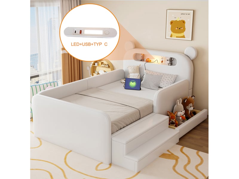  Lit simple enfant 90x200 cm – blanc – tête de lit ours, veilleuse led, port usb et rangements intégrés  - Conforama E