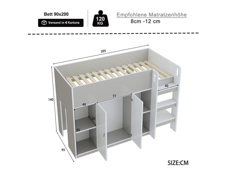 Lit mezzanine, 90x200 cm, échelle de sécurité, étagères, armoire, avec rangement, matelas non inclus, pin, coloris gris - Conforama C