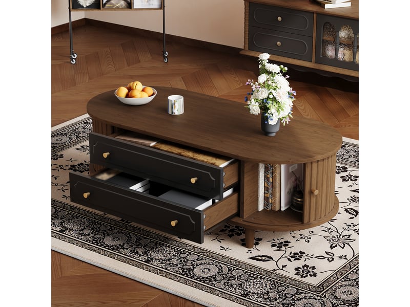  Table basse de salon effet noyer, deux tiroirs et portes coulissantes  - Conforama D