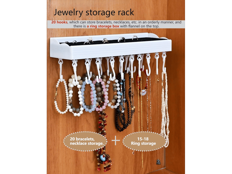  Organiseur de bijoux mural avec plateau porte-bague en velours, organiseur de bijoux à suspendre avec 20 crochets en s réglables, rangement  - Conforama B