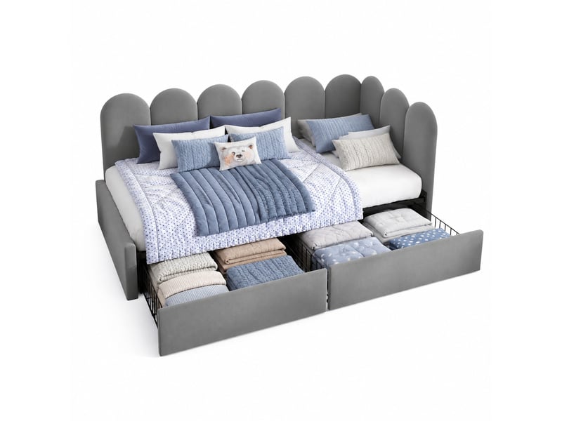  Méridienne lit banquette avec 2 tiroirs et sommier à lattes, dossier rembourré, côtés réversibles, velours gris  - Conforama A