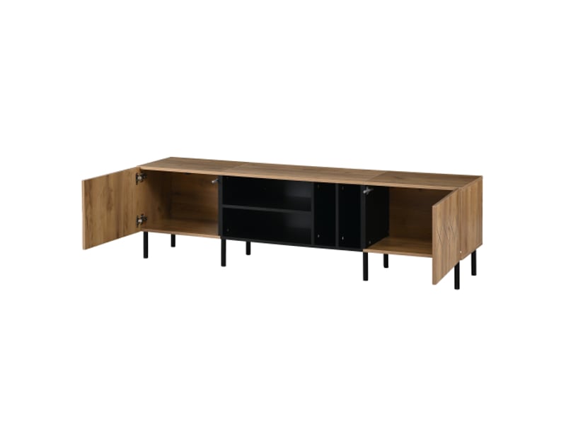  Meuble tv bas en bois naturel et noir, 2 portes, 4 rangements ouverts - 180×40×50 cm, jusqu’à 70 pouces  - Conforama D