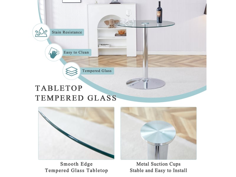  Table haute ronde en verre – design minimaliste argenté – ø 89 x h 92 cm  - Conforama E