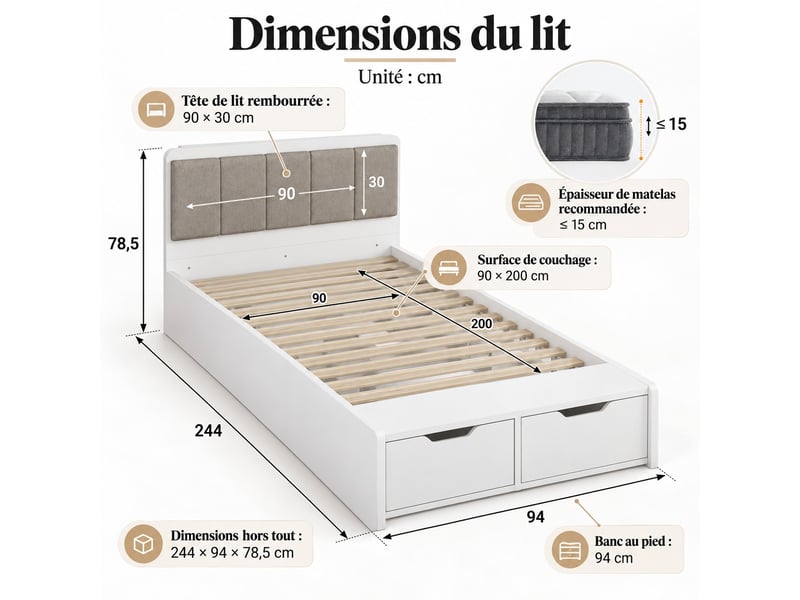  Lit jeune lit 90x200 cm lit capitonné avec 2 tiroirs de rangement lit enfant à lattes en bois lit simple blanc  - Conforama C