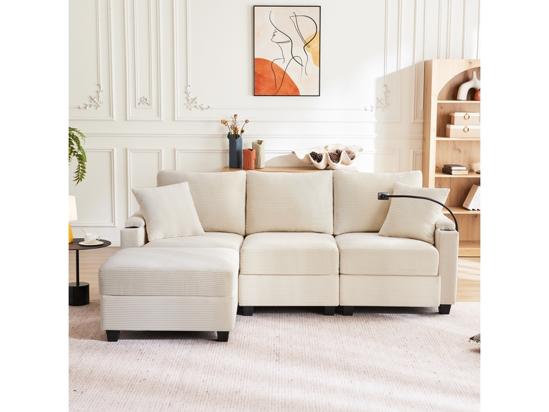 Canapé d'angle réversible fixe 4 places velours côtelé beige canapé d'angle beige - Conforama B