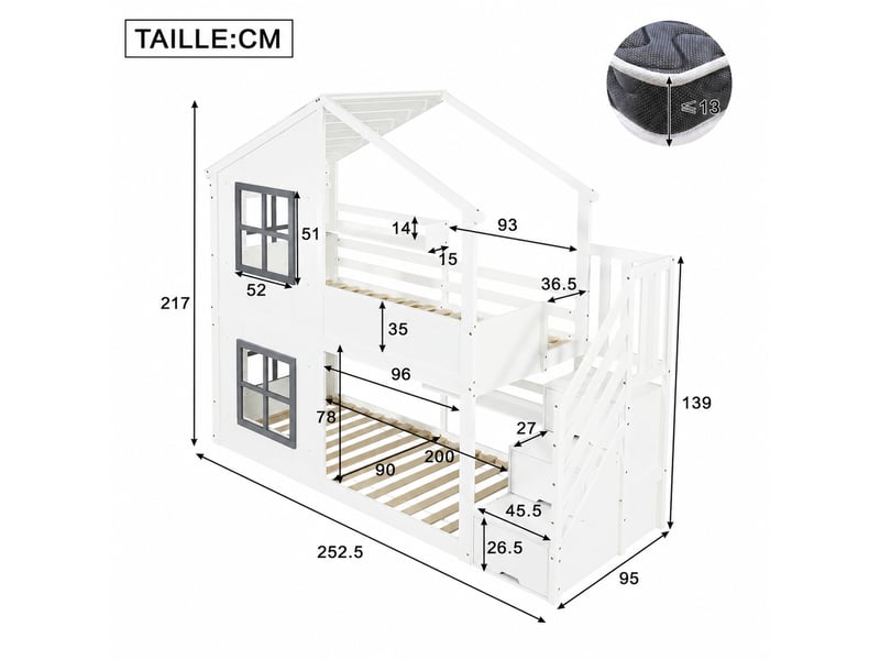  Lit superposé 2 places en bois et mdf avec escalier de rangement, toit et fenêtres, 90x200 cm, sans matelas  - Conforama D