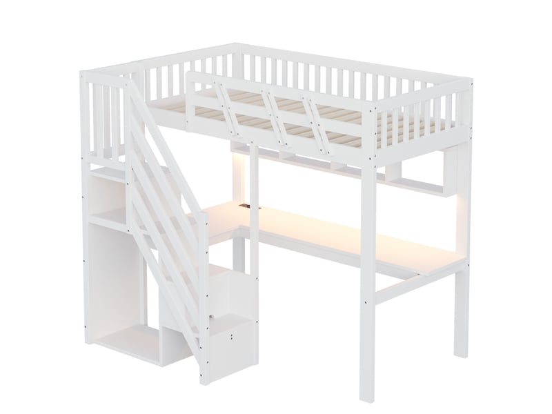 Elvmi lit mezzanine 90x200 cm en bois blanc avec bureau intégré, escalier de rangement, étagères, éclairage led et prises intégrées pour chambre enfant ou ado - Conforama A
