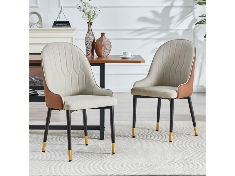  Lot de chaises 2 pièces chaise de cuisine cadre métal robuste revêtement pu coloris gris chaud et brun dossier motif éclair rembourrage épais garnissage très élastique  - Conforama B