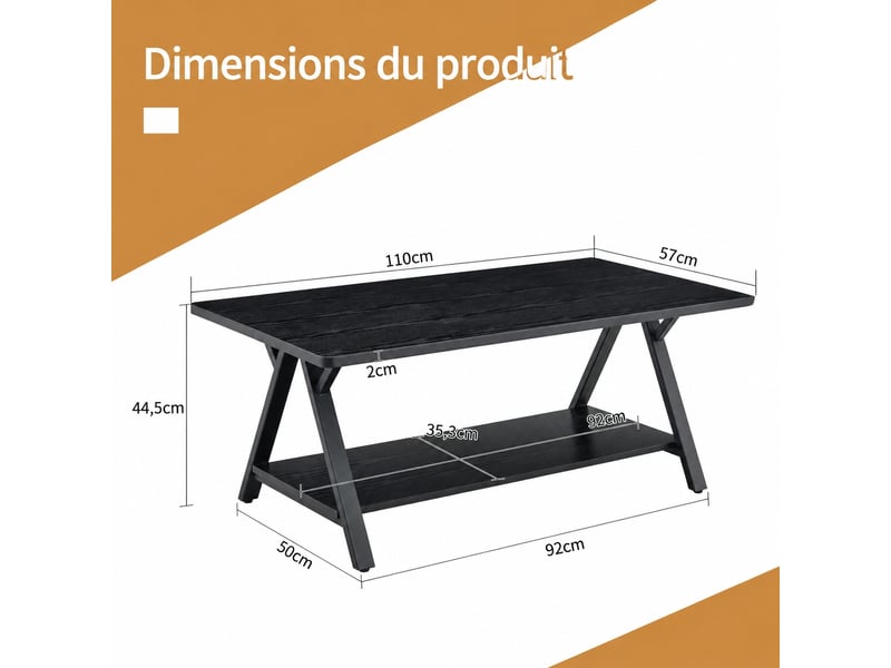  Table basse avec rangement, aspect bois noir et métal, 110 x 57 x 44,5 cm  - Conforama C
